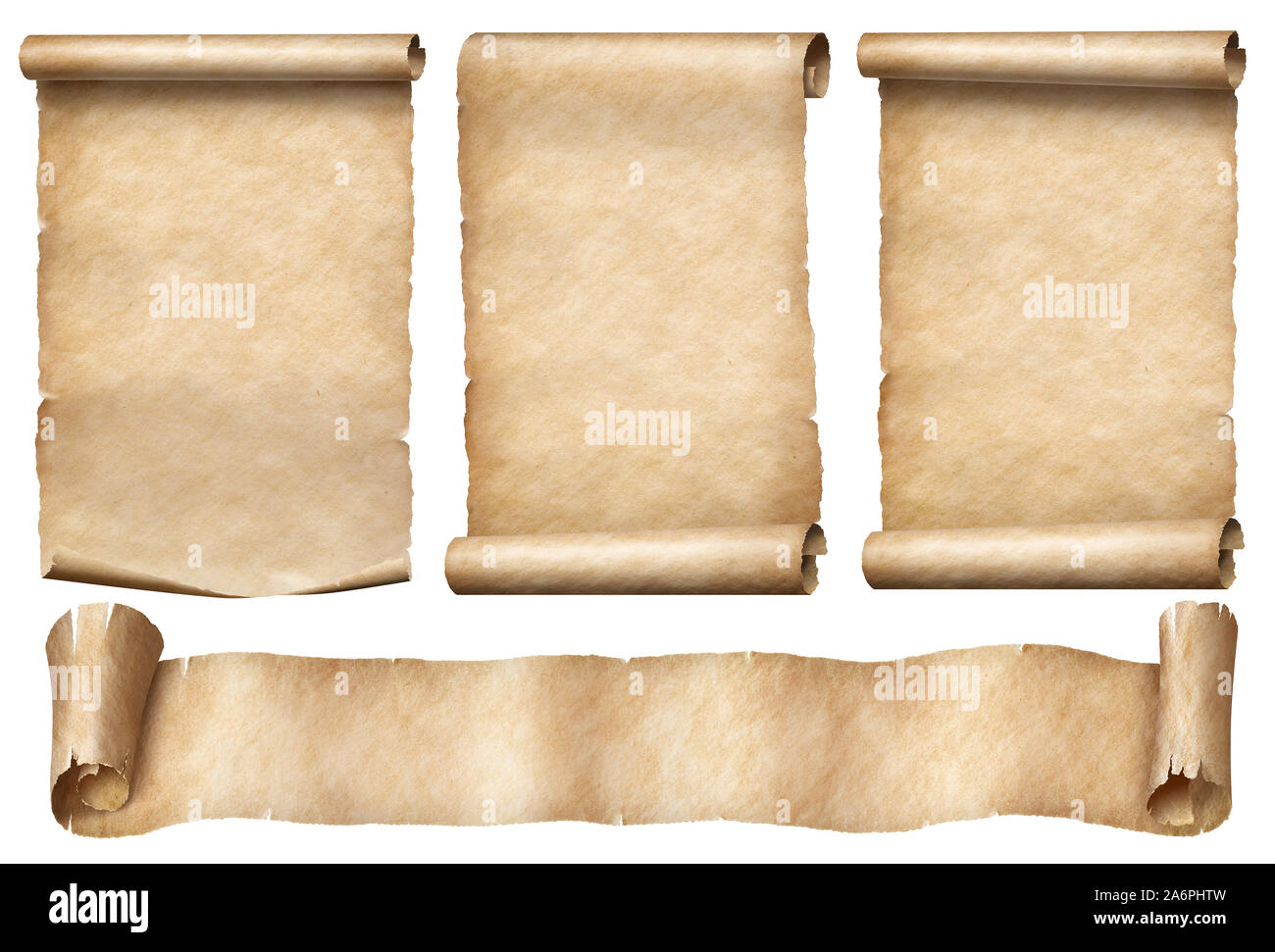 Old paper scrolls with ribbon banner set isolated on white Stock Photo ...