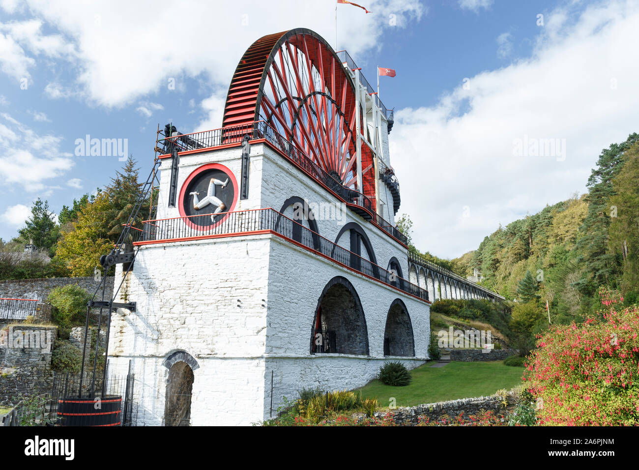 Great Laxey Wheel or Lady Isabella is the largest working waterwheel in world. Laxey, Isle of Man, British Isles. Stock Photo