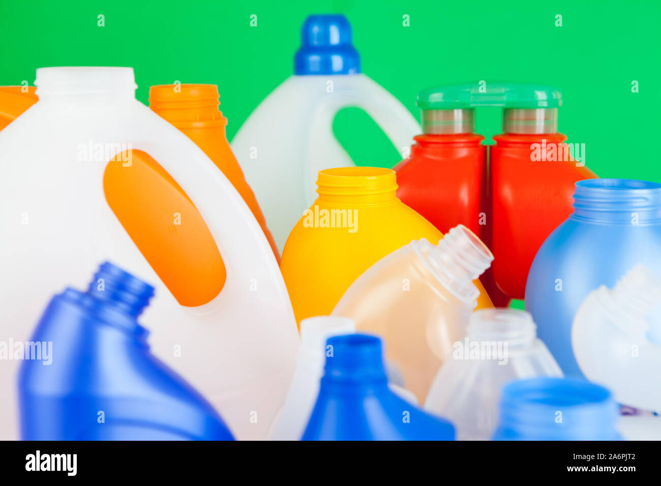Many empty plastic bottles of various sizes and colors. Detergent bottles. Plastic bottles. Plastic pollution Stock Photo