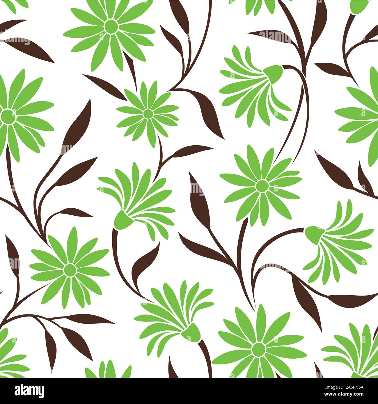 Vector seamless pattern with green flowers and brown leaves on a white ...
