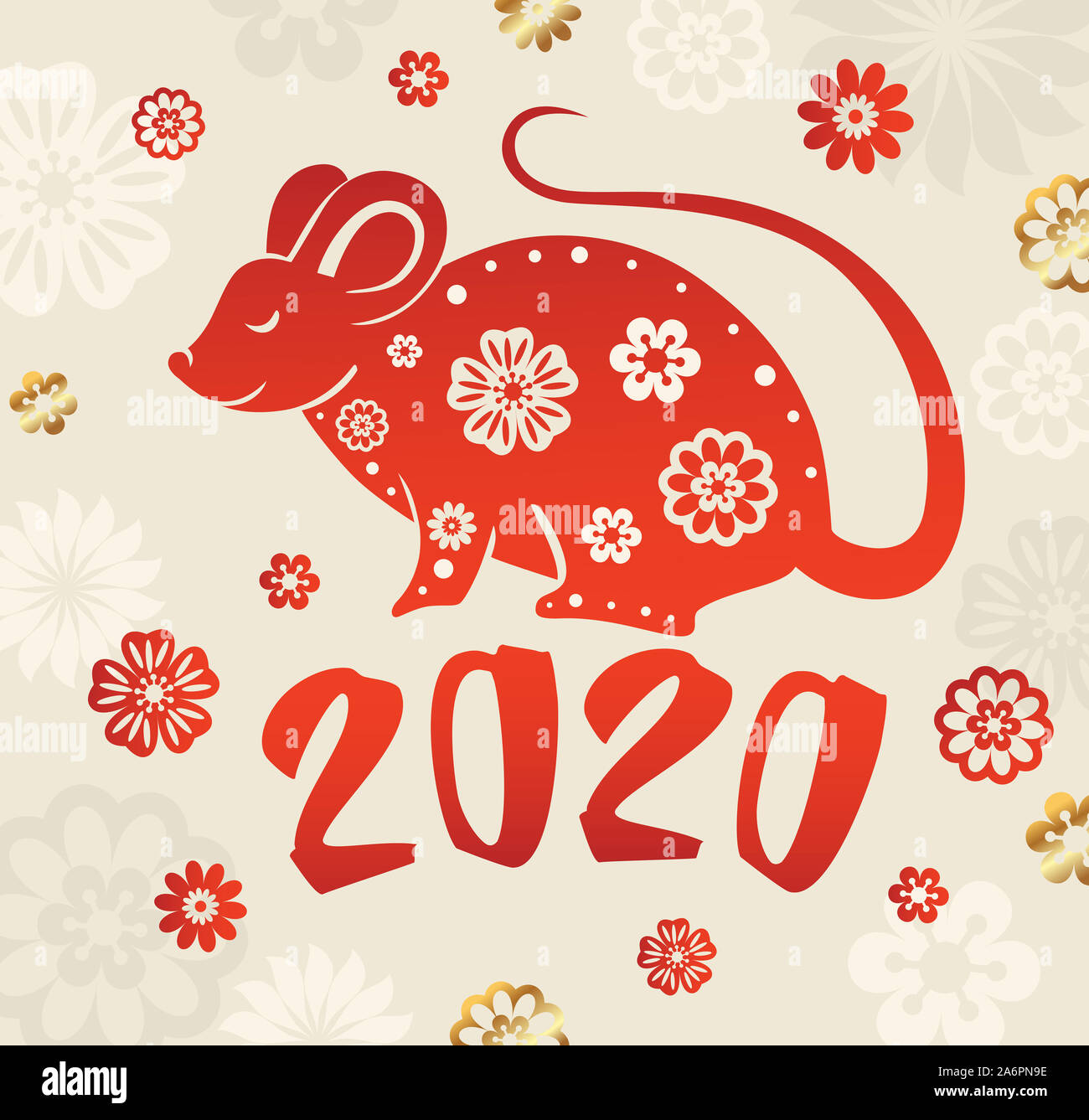 Cute rat symbol of Chinese zodiac for 2020 new year. Red silhouette of rat and flowers. Stock Photo