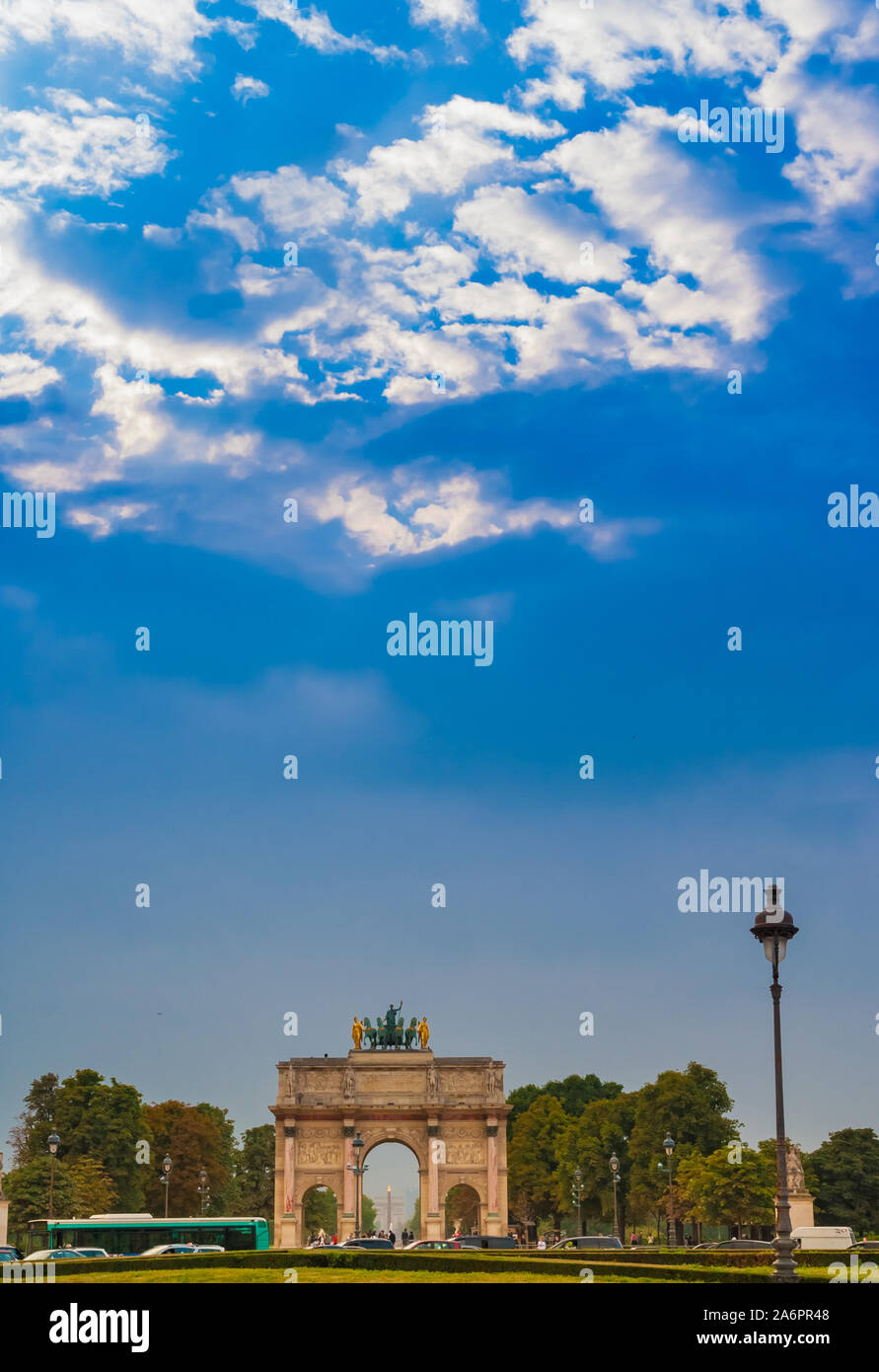 Lovely portrait view of the Arc de Triomphe du Carrousel, a triumphal arch in Paris located in the Place du Carrousel at the end of the Tuileries... Stock Photo