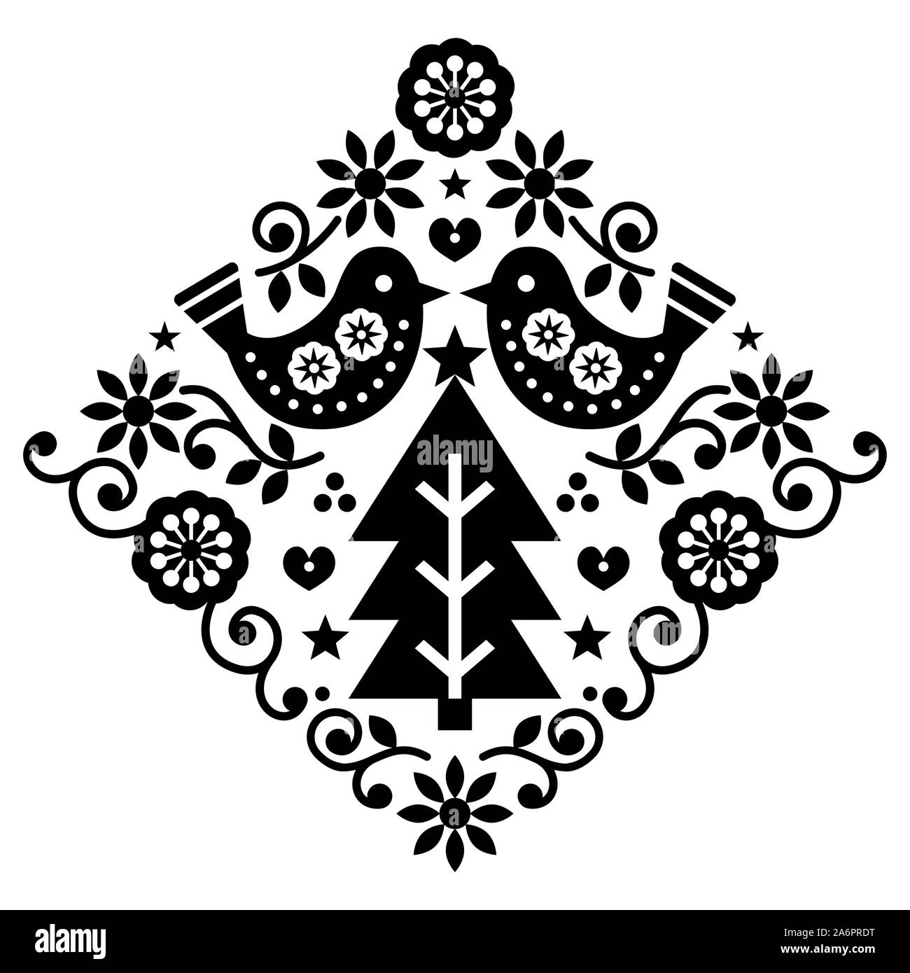 Christmas Scandinavian folk art vector pattern with birds and flowers
