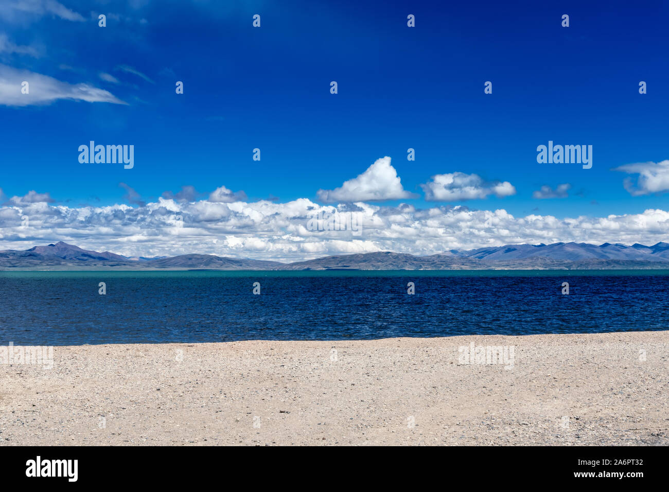 scenery Lake Manasarovar with blue sky. Place of prayer, calm and meditation.Tibet,Kailas, China. Stock Photo