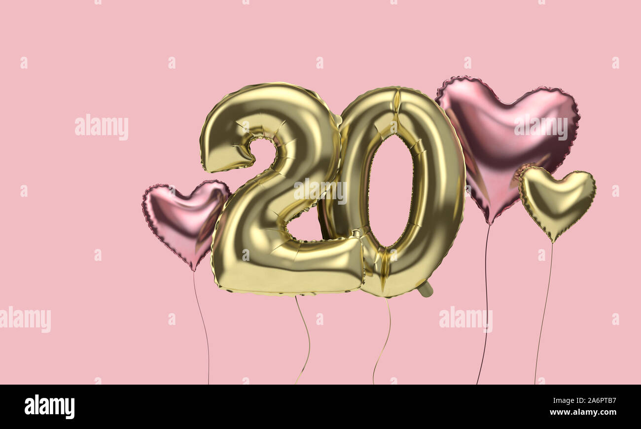 Happy 20th birthday party celebration balloons with hearts. 3D Render Stock Photo