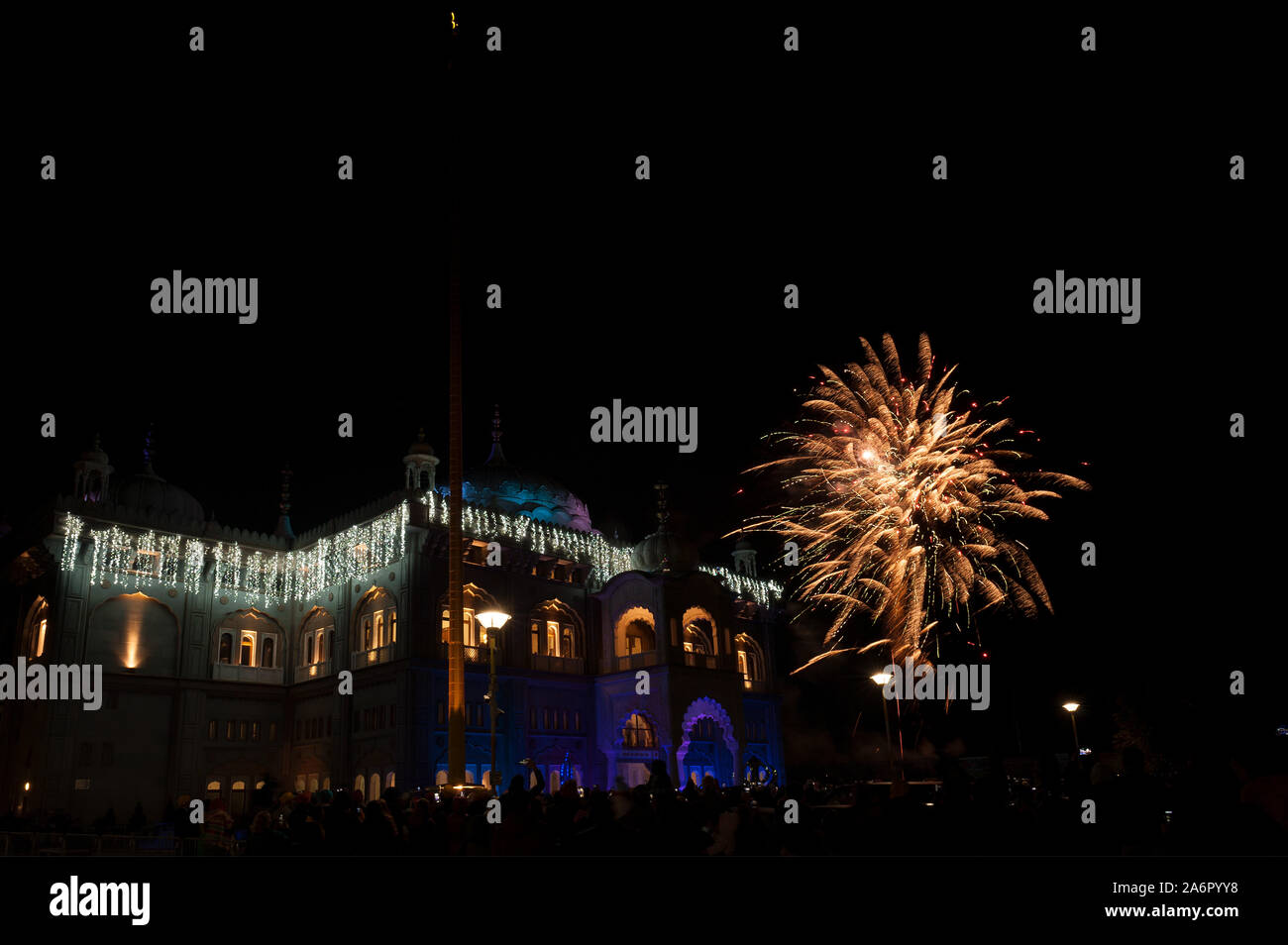 Celebration of special events Bandi Chhor Divas along with Diwali at the Sikh Guru Nanak Darbar Gurdwara in Gravesend fireworks and festivities Stock Photo