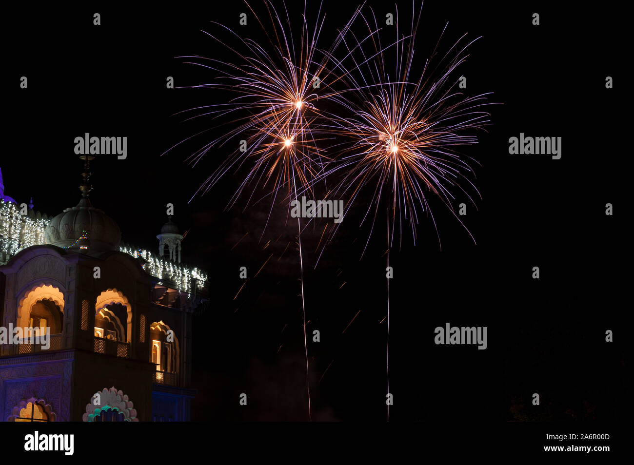 Celebration of special events Bandi Chhor Divas along with Diwali at the Sikh Guru Nanak Darbar Gurdwara in Gravesend fireworks and festivities Stock Photo