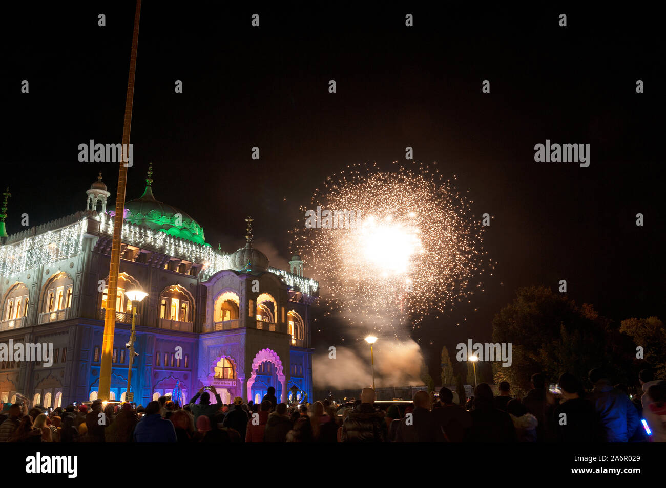 Celebration of special events Bandi Chhor Divas along with Diwali at the Sikh Guru Nanak Darbar Gurdwara in Gravesend fireworks and festivities Stock Photo