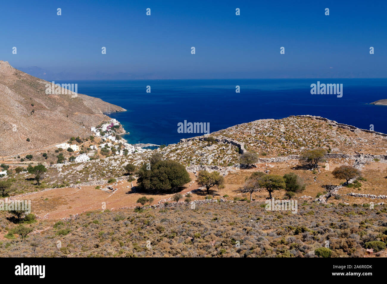 View of Liavdia bay from Gerontas, Tilos, Dodecanese islands, Southern Aegean, Greece. Stock Photo