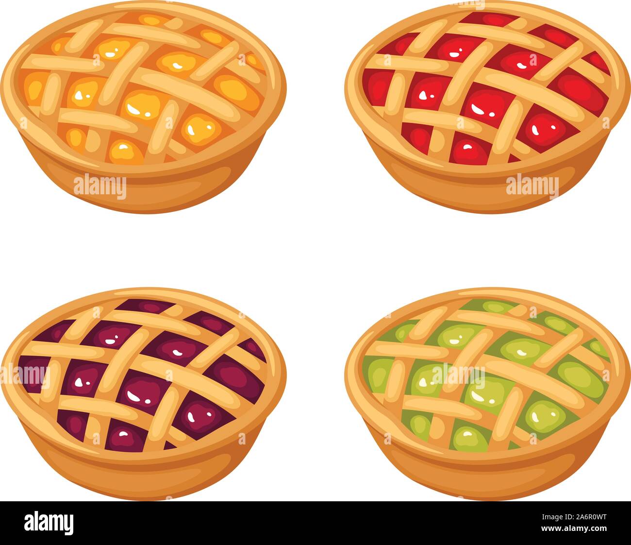 Vector set of four fruit and berry crumble pies isolated on a white