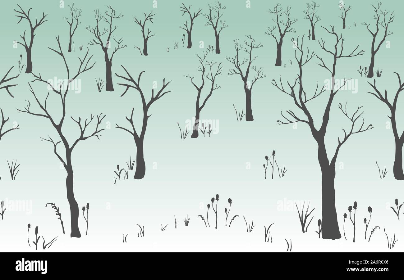 Trees with no leaves. Continuous Pattern. Partly Seamless. Vector Illustration Stock Vector