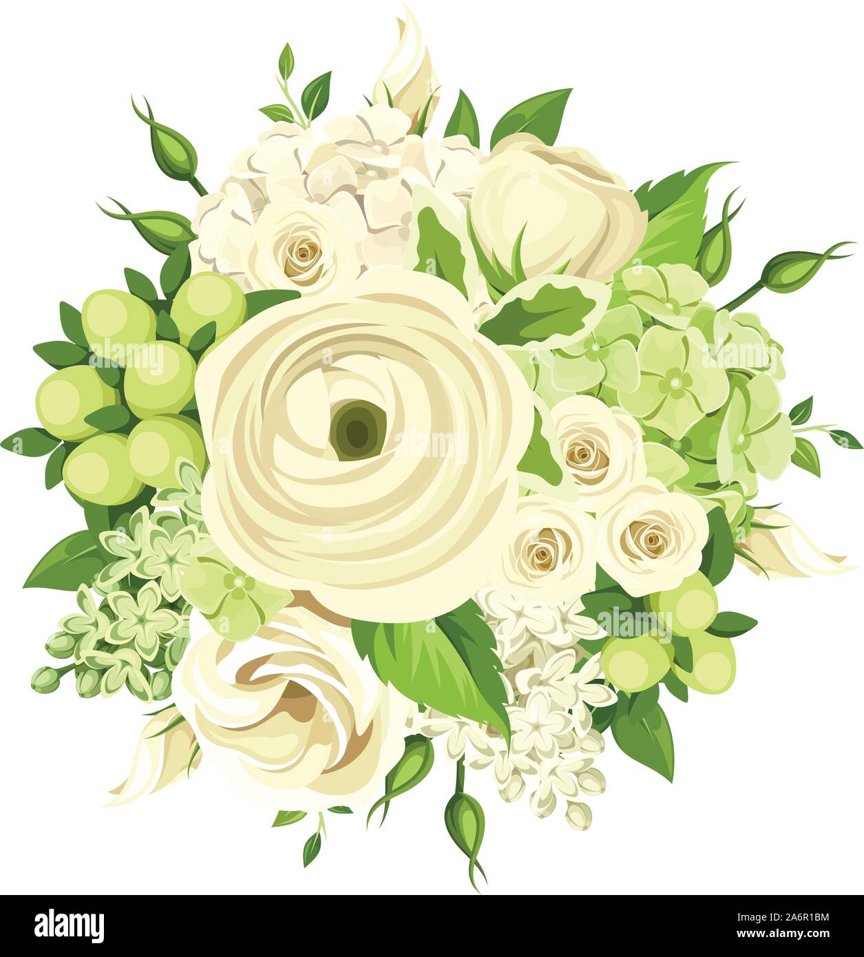 Vector bouquet with white and green roses, ranunculus, lisianthus