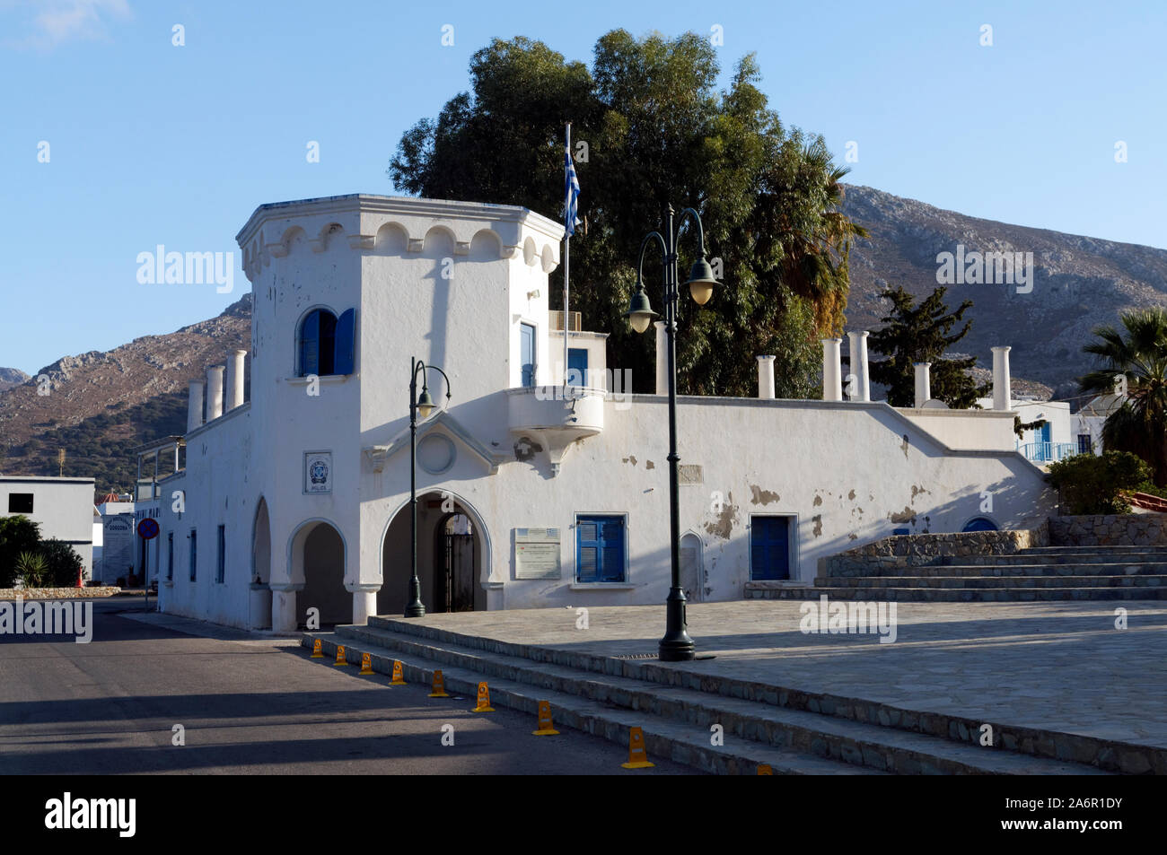 Police Station, built by the Italians during the occupation in the razionalismo style, Tilos, Dodecanese islands, Southern Aegean, Greece. Stock Photo