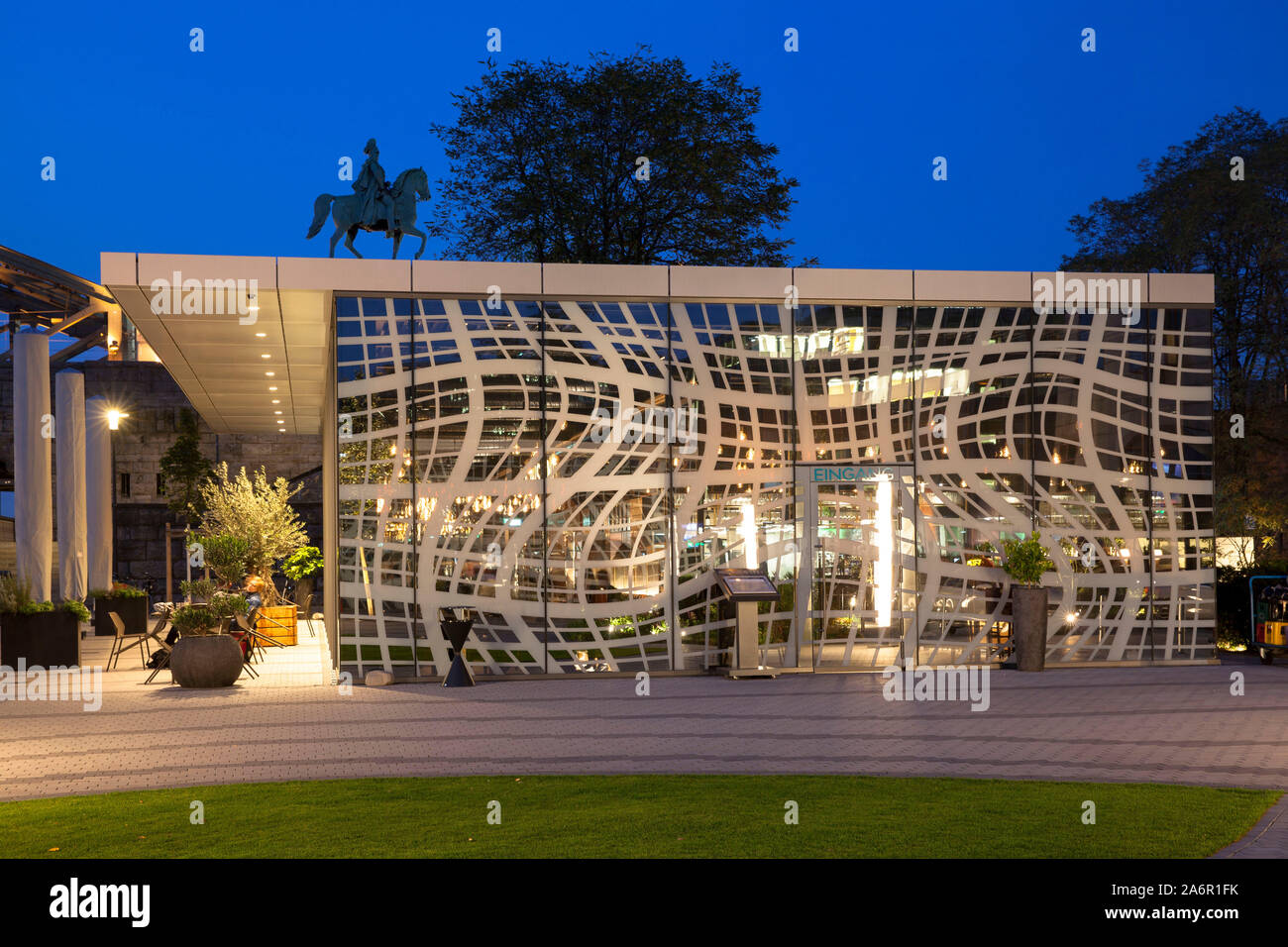 the restaurant Grissini in front of the hotel Hyatt Regency on the banks of the river Rhine in the district Deutz, equestrian statue at the Hohenzolle Stock Photo