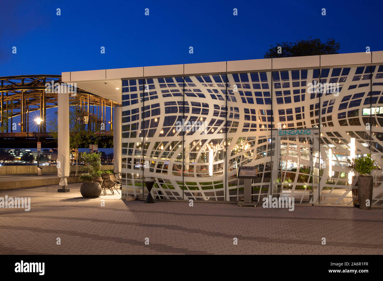 the restaurant Grissini in front of the hotel Hyatt Regency on the banks of the river Rhine in the district Deutz, the Hohenzollern bridge, Cologne, G Stock Photo