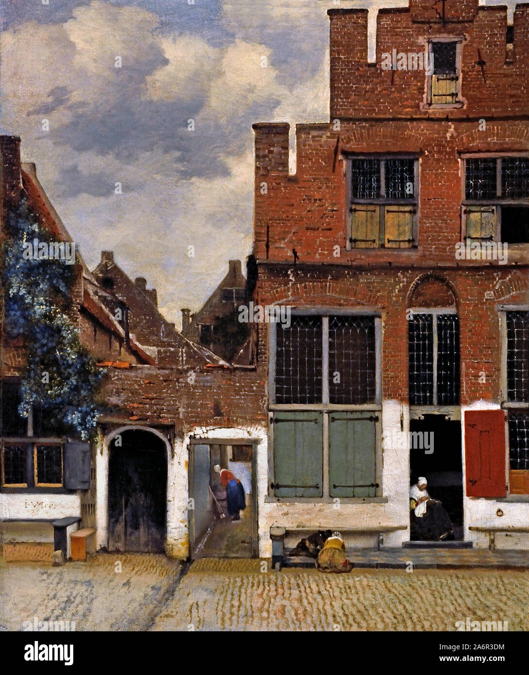 View of houses in Delft ( the little street ) Johannes Vermeer or Jan Vermeer 1632 - 1675 Dutch The Netherlands ( Dutch painter in the Golden Age,  one of the greatest painters,   17th century. preferred timeless, subdued moments, remains enigmatic,  inimitable colour scheme and bewildering light content) Stock Photo