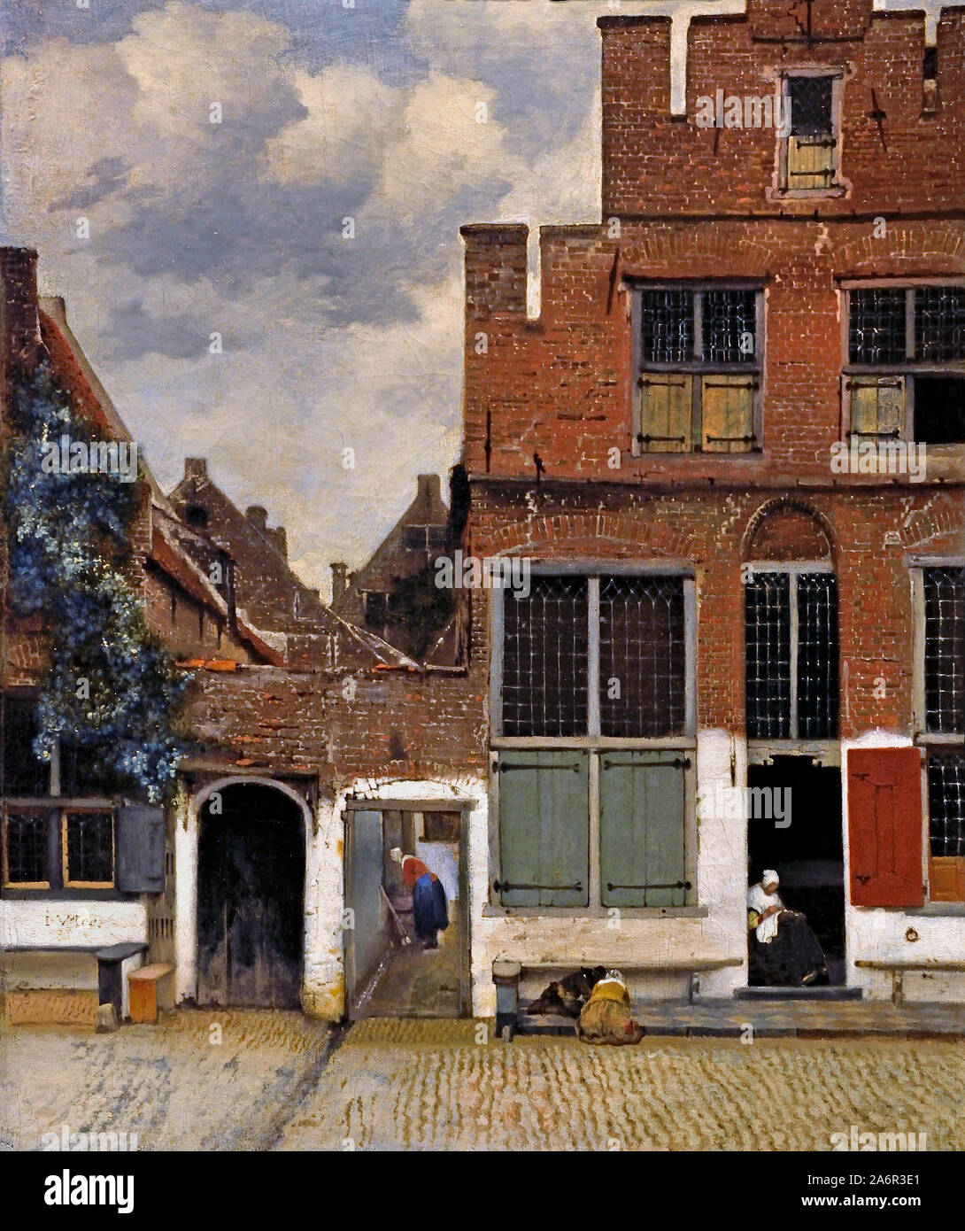 View of houses in Delft ( the little street ) Johannes Vermeer or Jan Vermeer 1632 - 1675 Dutch The Netherlands ( Dutch painter in the Golden Age,  one of the greatest painters,   17th century. preferred timeless, subdued moments, remains enigmatic,  inimitable colour scheme and bewildering light content) Stock Photo