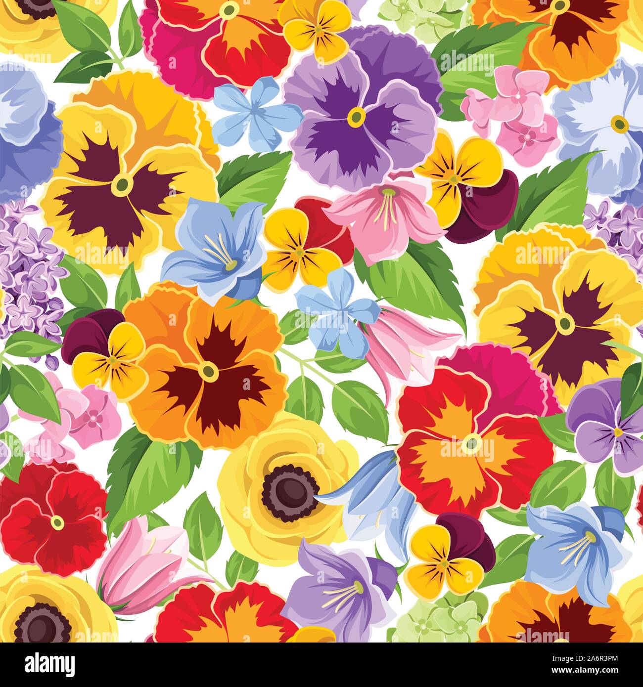 Vector seamless background with colorful pansy, harebell and hydrangea ...