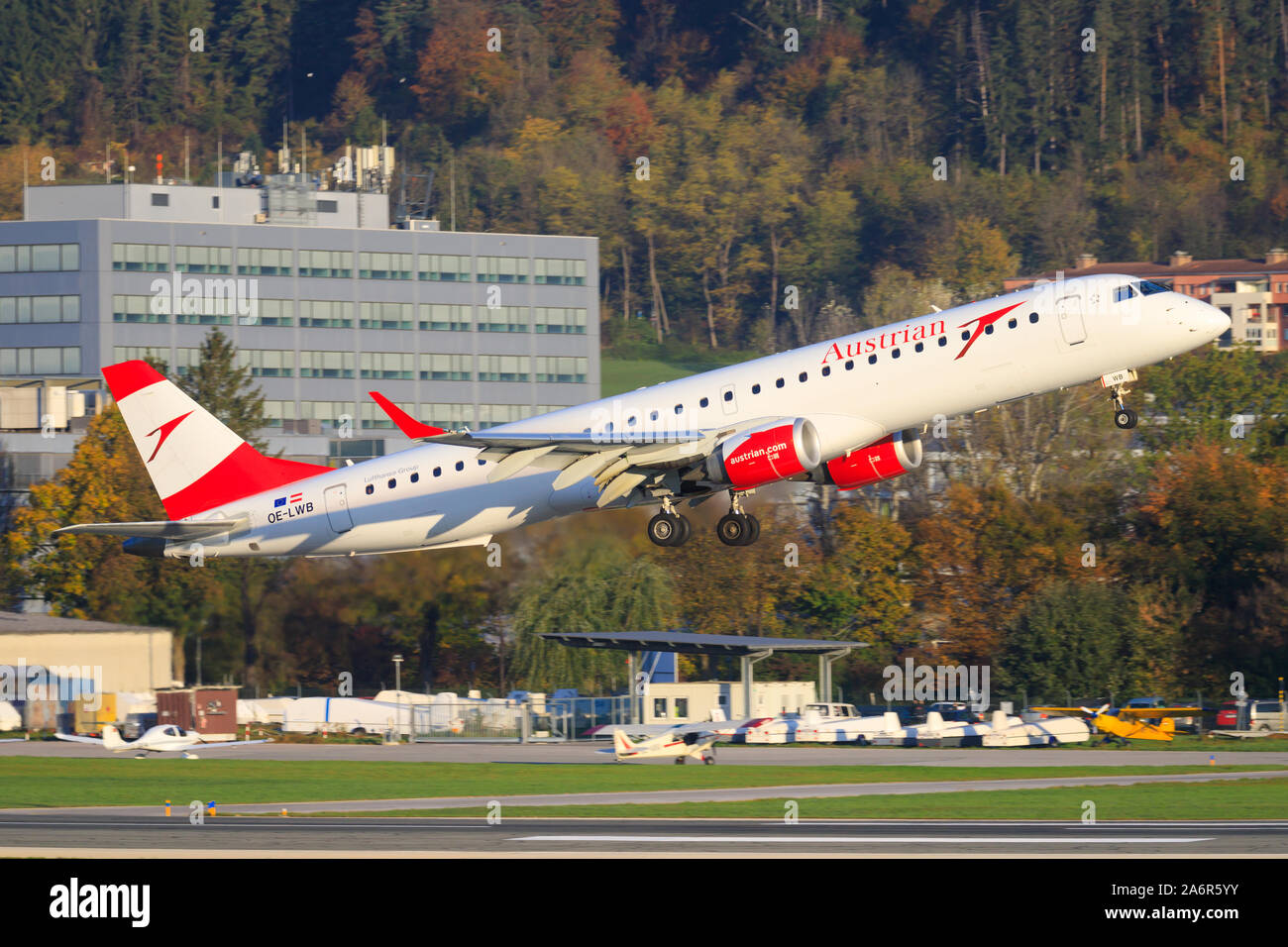 Innsbruck/Austria October 26, 2019: Austrian Embraer  at Innsbruck Airport. Stock Photo