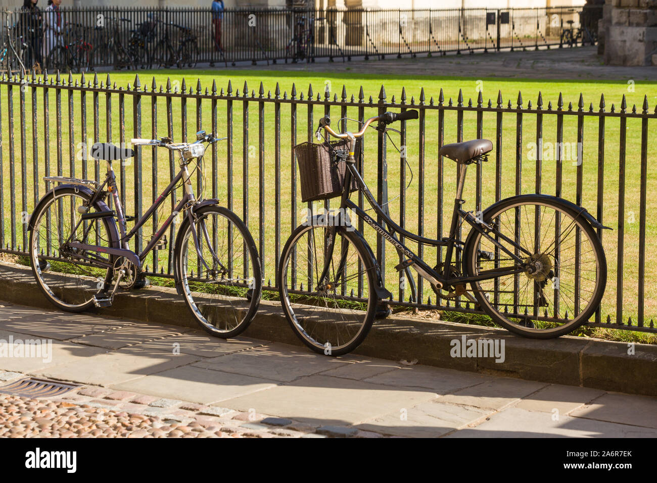 Vintage bicycles on the railings of the Radcliffe Camera, Oxford Stock Photo