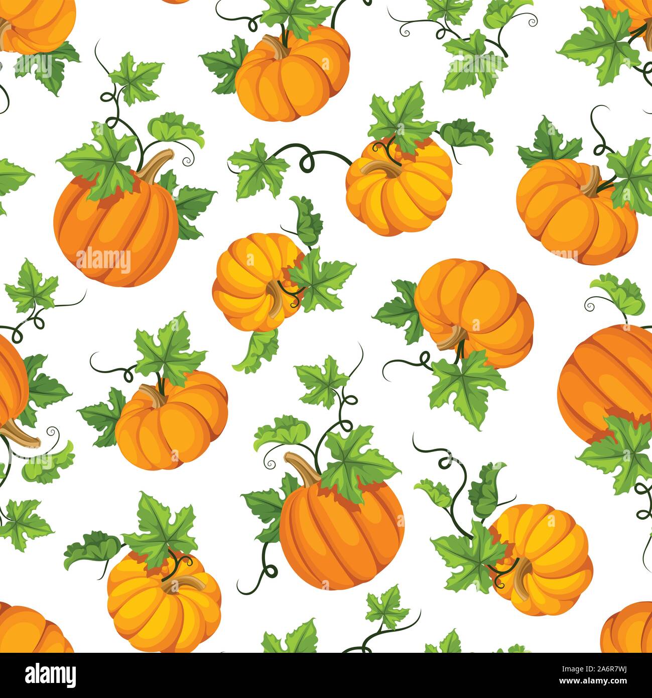 Vector seamless pattern with orange pumpkins and green leaves on a ...