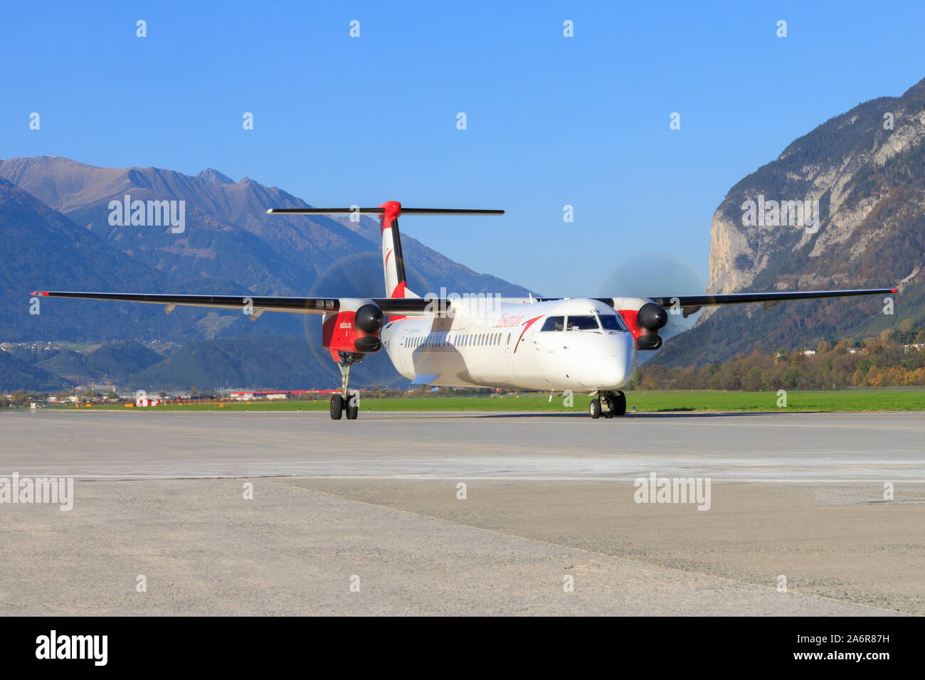Innsbruck/Austria October 26, 2019: Austrian Dash 8  at InnsbruckAirport. Stock Photo