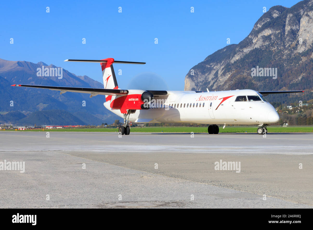 Innsbruck/Austria October 26, 2019: Austrian Dash 8  at InnsbruckAirport. Stock Photo
