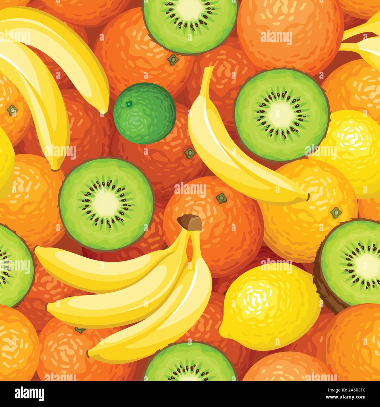 Vector seamless background with oranges, bananas and kiwi. Stock Vector