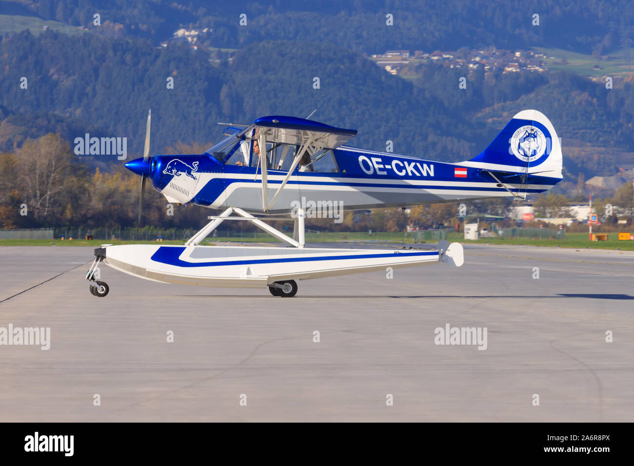 Innsbruck/Austria October 26, 2019:  The Flying Bulls Aviat A-1 Husky at InnsbruckAirport. Stock Photo