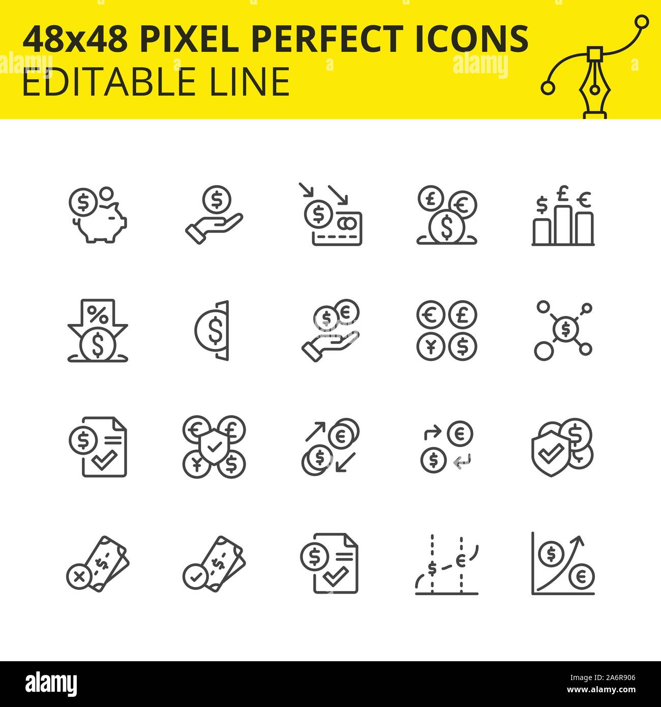 Set of icons for money transactions, currency conversion, accounting of exchange rate appreciation and depreciation, financial protection and savings. Stock Vector