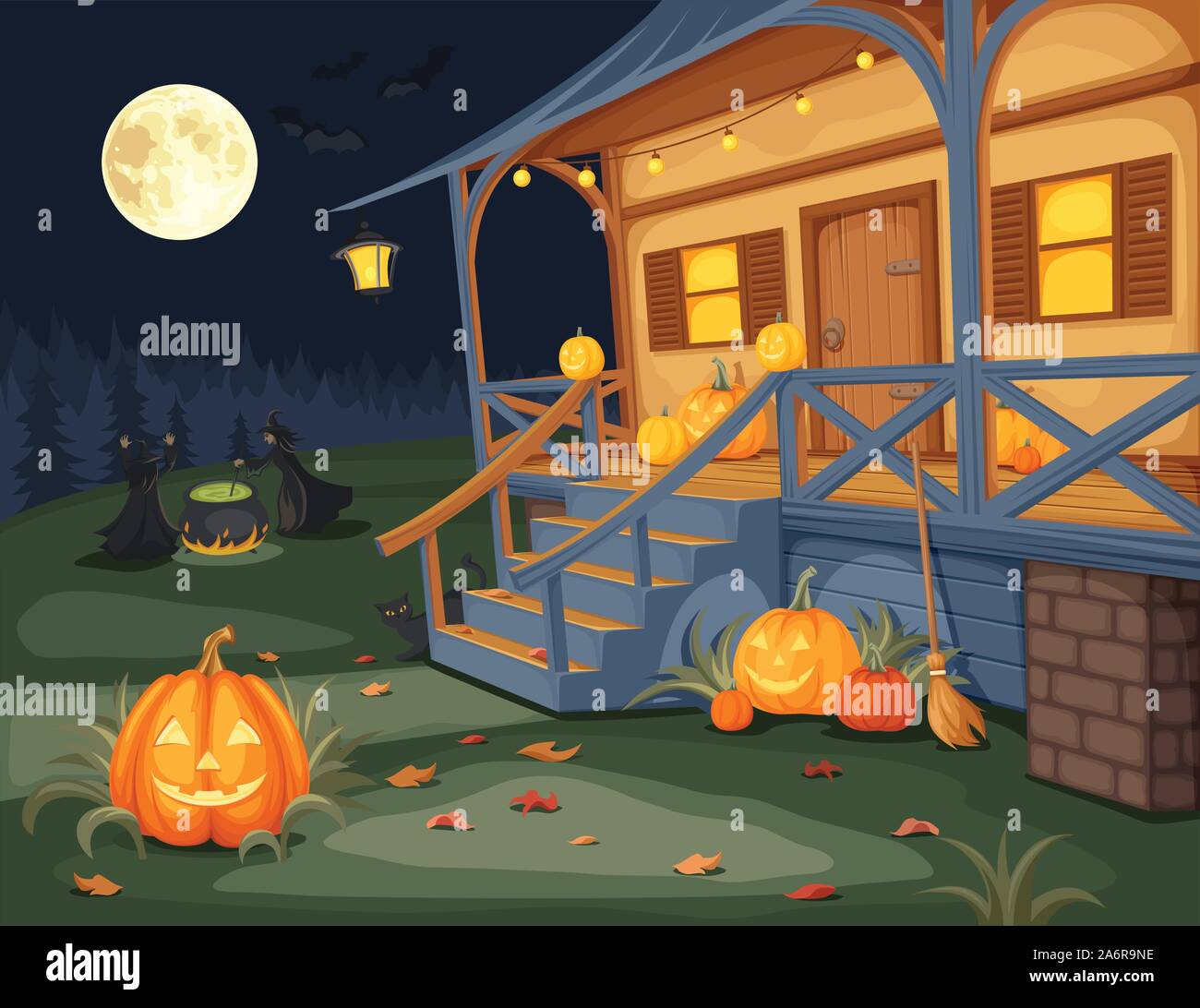 Vector illustration of a Halloween night, house with jack-o-lanterns on a terrace and witches brewing a potion under a full moon. Stock Vector