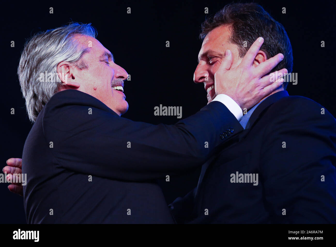 BUENOS AIRES, 27.10.2019: Sergio Massa and Alberto Fernandez celebrating after the results for the presidency of Argentina this Sunday at the door of Stock Photo