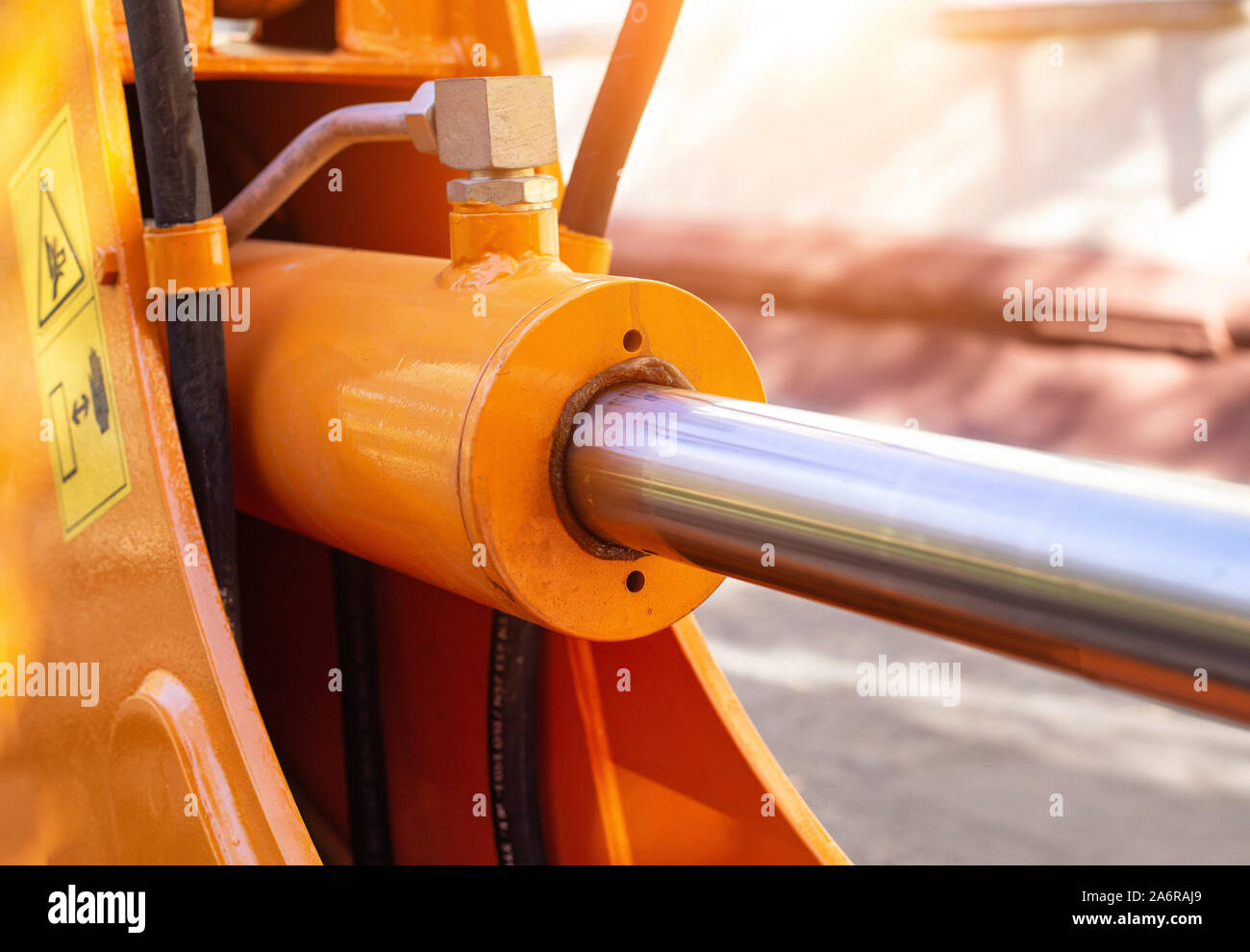 Excavator hydraulic pump for bucket extension. Closeup hydraulic power