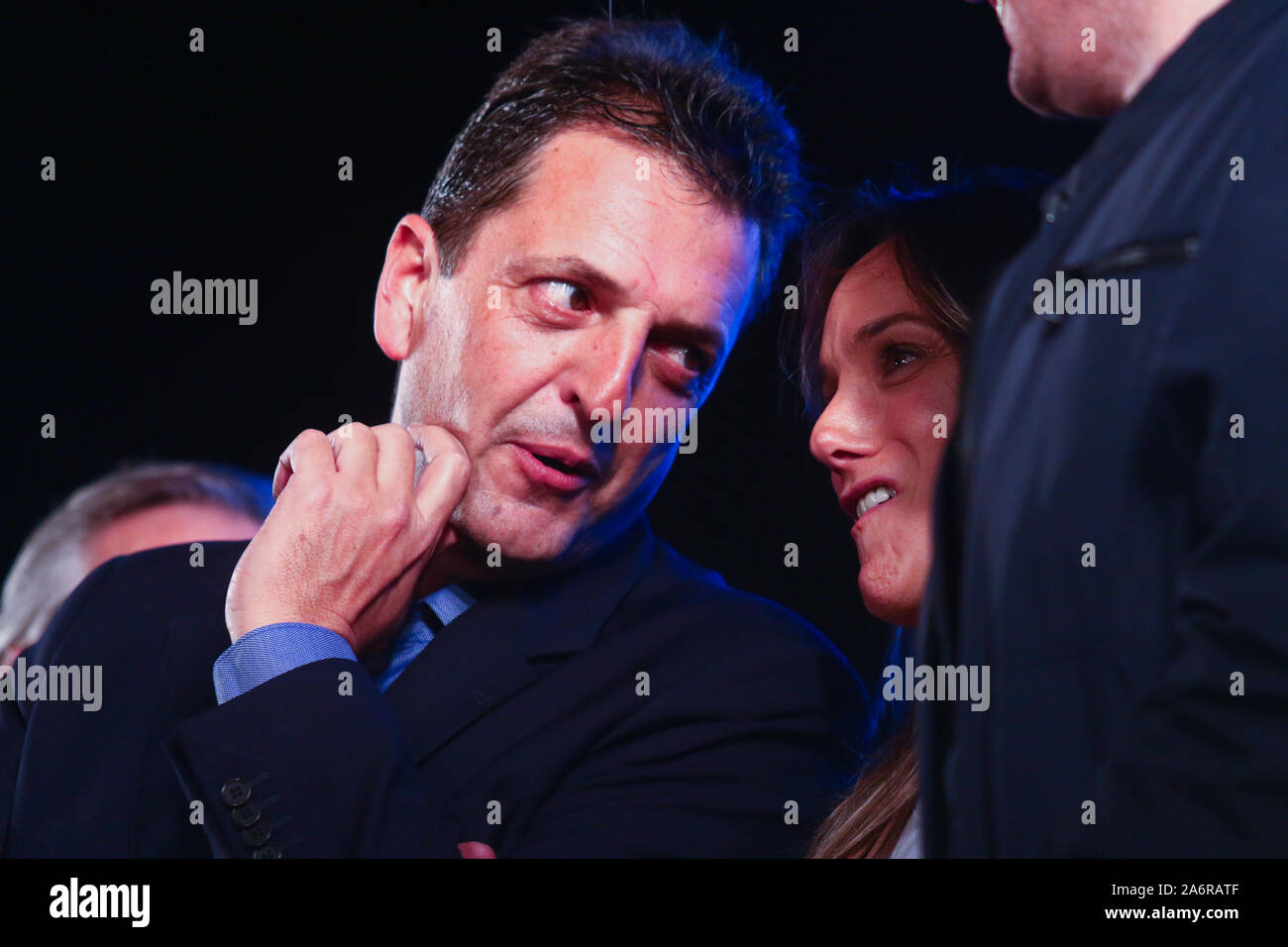 BUENOS AIRES, 27.10.2019: Sergio Massa speaks with his wife, Malena Galmarini, in front of thowsands of supporters celebrating the victory of Alberto Stock Photo