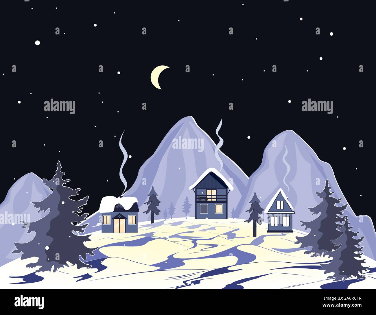 Cartoon mountains landscape with houses and trees at night. Perfect for cards, invitations, wallpaper, banners, children room decoration. Vector Stock Vector