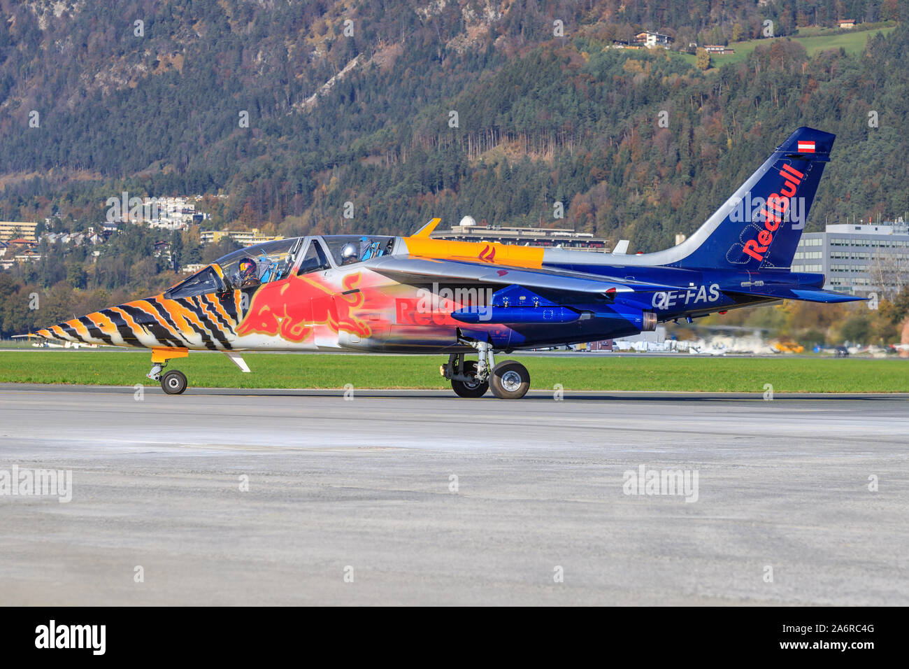Innsbruck/Austria October 26, 2019:  Red Bull (The Flying Bulls) Dassault/Dornier Alpha Jet  at InnsbruckAirport. Stock Photo