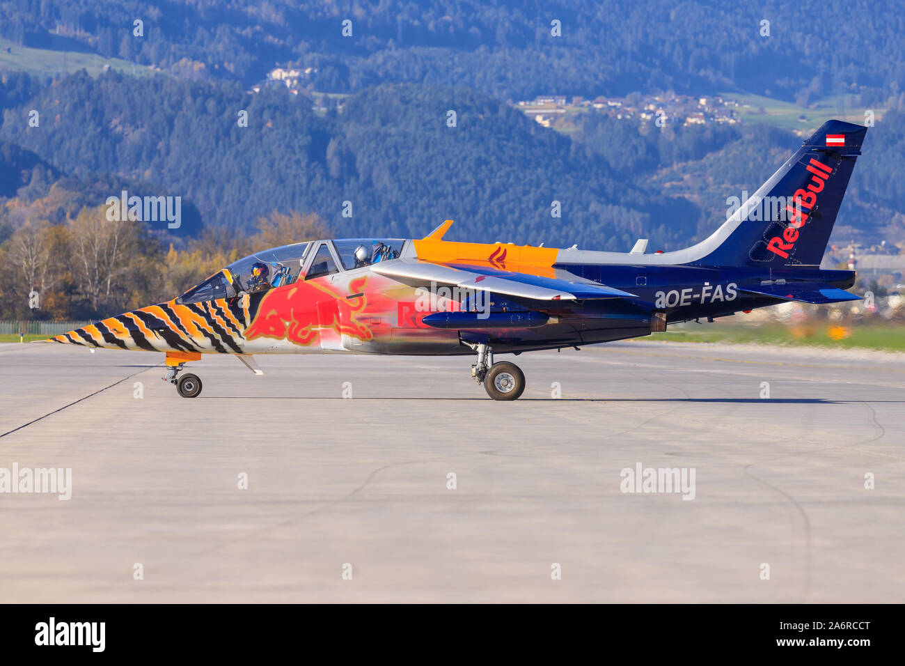 Innsbruck/Austria October 26, 2019:  Red Bull (The Flying Bulls) Dassault/Dornier Alpha Jet  at InnsbruckAirport. Stock Photo