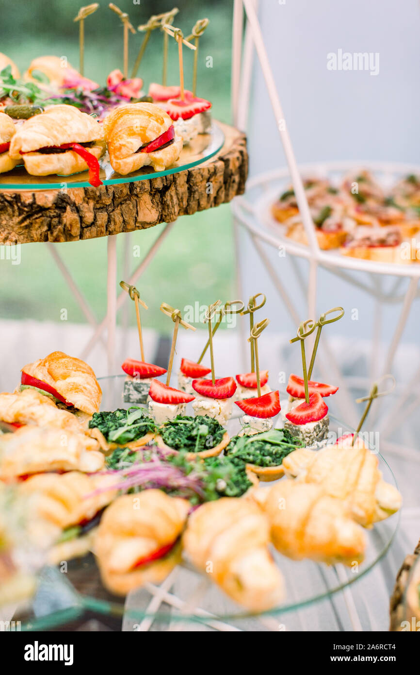 Beautifully decorated catering banquet table with different food snacks and  appetizers on corporate party event or wedding celebration outdoors Stock  Photo - Alamy