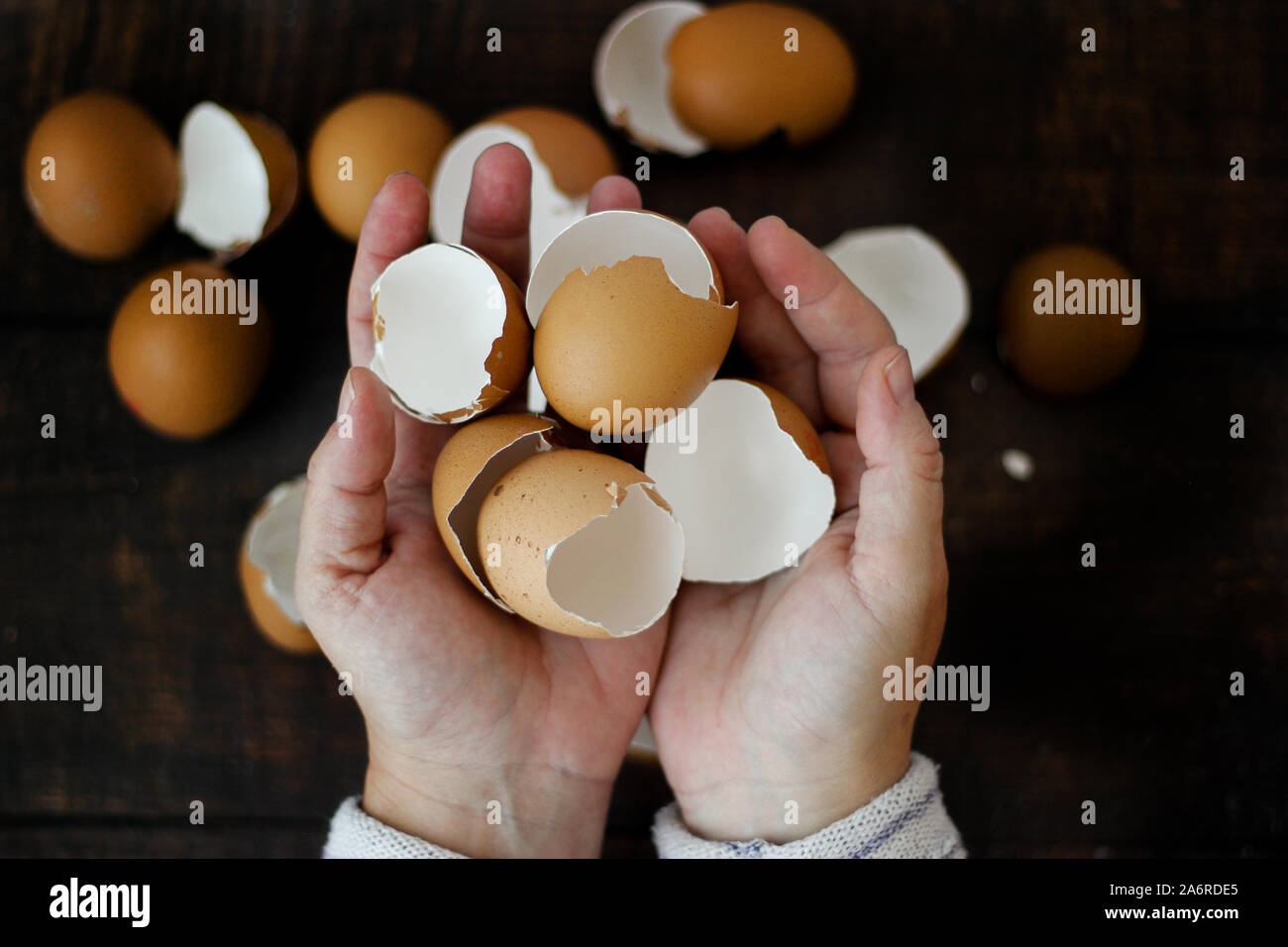 Hand holding brown eggshells, wood background Stock Photo