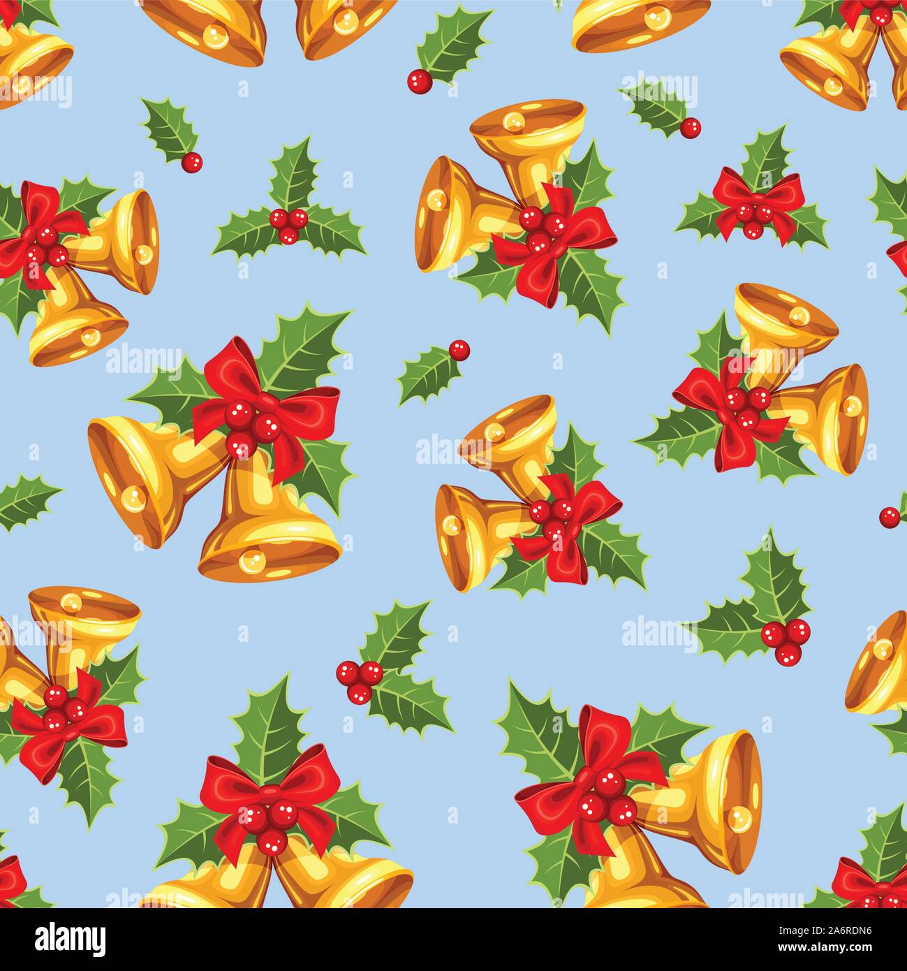 Vector seamless pattern with gold Christmas bells on a blue background. Stock Vector