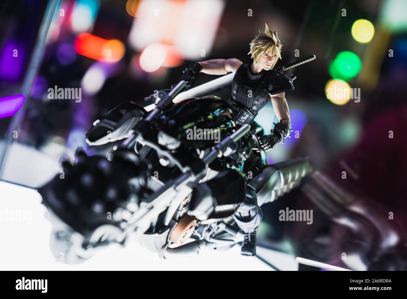 Bangkok, Thailand - Oct 25, 2019: Cloud Strife and motorbike figure model display in Thailand game show (TGS) 2019. Final Fantasy VII Remake pre-order Stock Photo