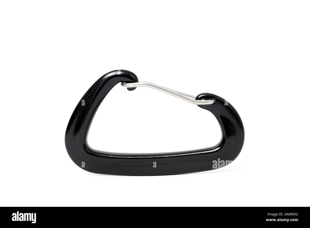 closeup of a black aluminium carabiner on a white background Stock Photo