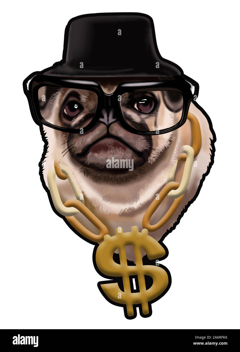Illustration of a pug in a black hat and glasses with a golden chain, digital illustration portrait of a pug. Brutal pug, printable image on a t-shirt Stock Photo