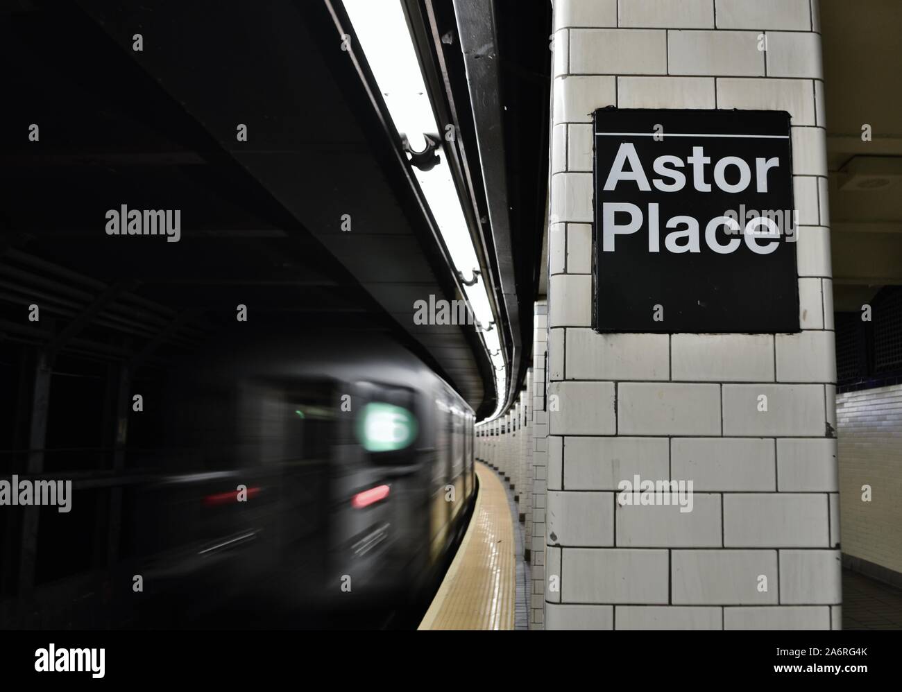NYC High Speed Subway Train Arrival Astor Place New York City So Ho Streets Stock Photo