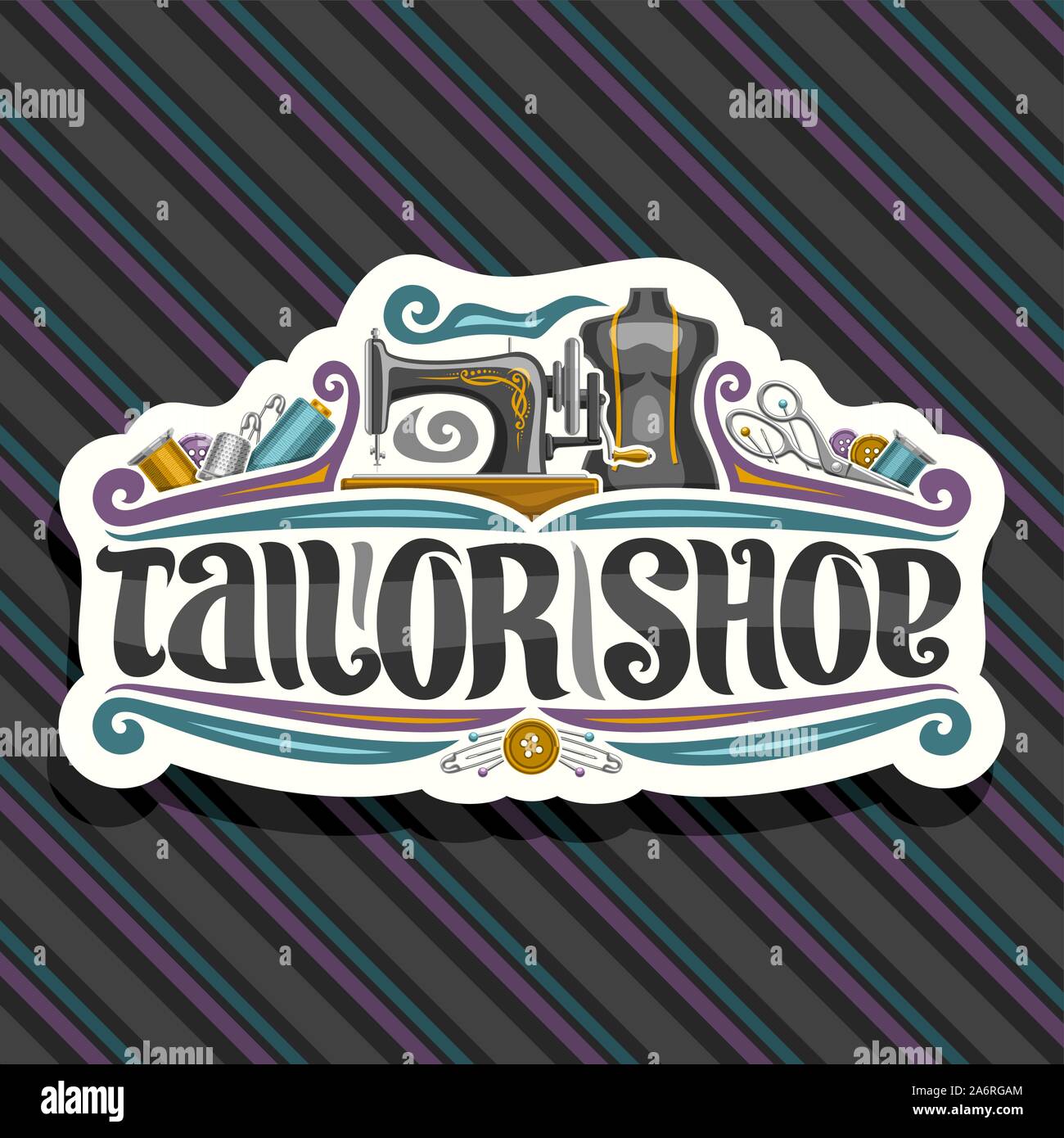 Vector logo for Tailor Shop, cut paper sign with vintage sewing machine ...