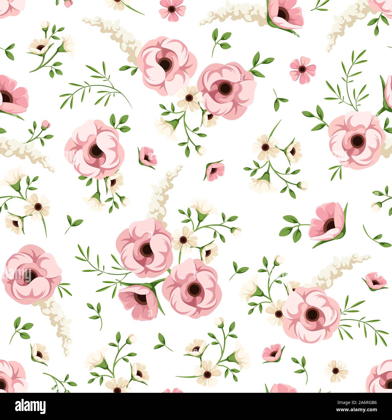 Vector seamless pattern with pink and white flowers on a white ...