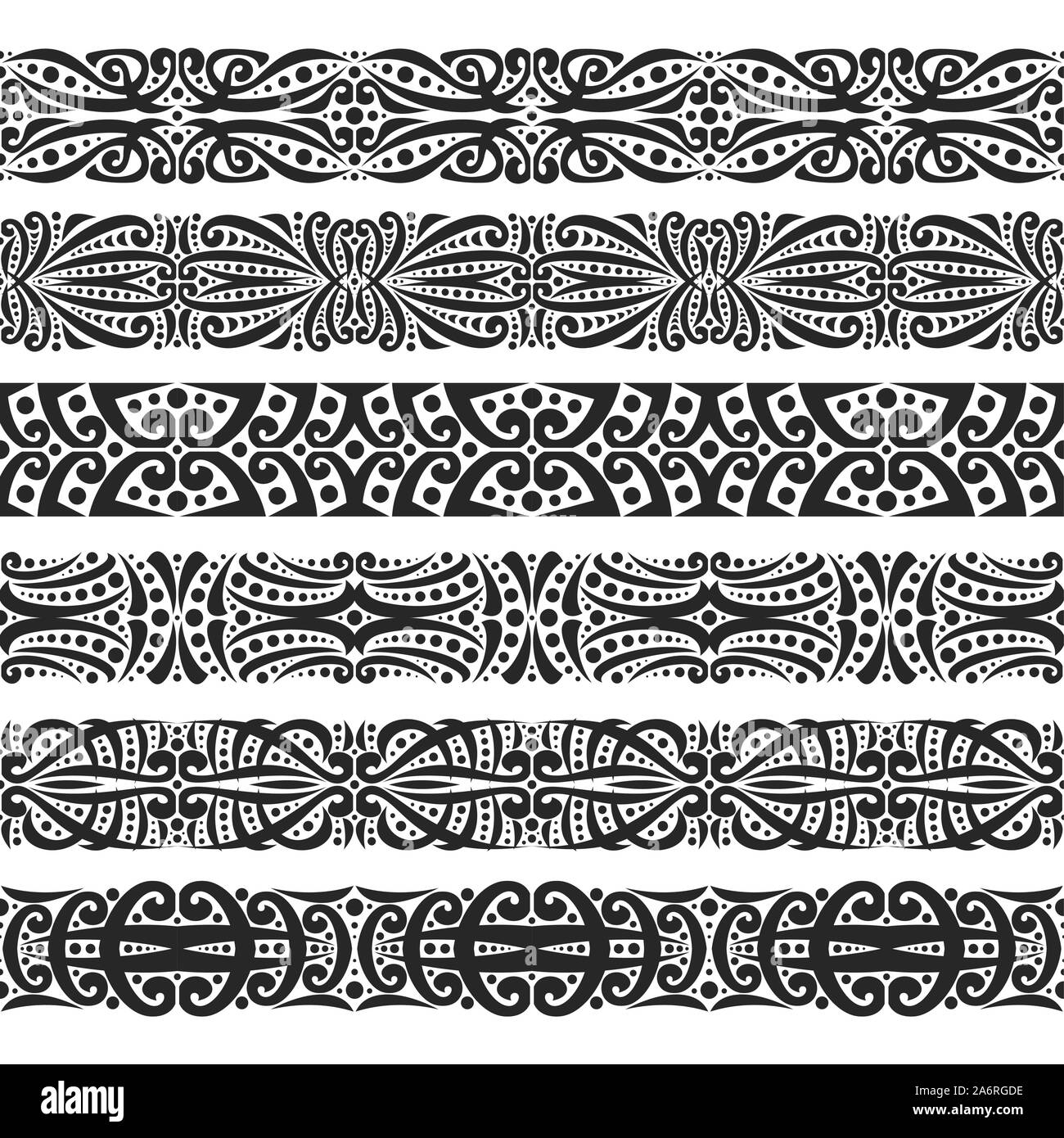 Vector set of black seamless borders, 6 decorative repeat ribbons of oriental style, design elements for create frames, ornate tape decorations with a Stock Vector