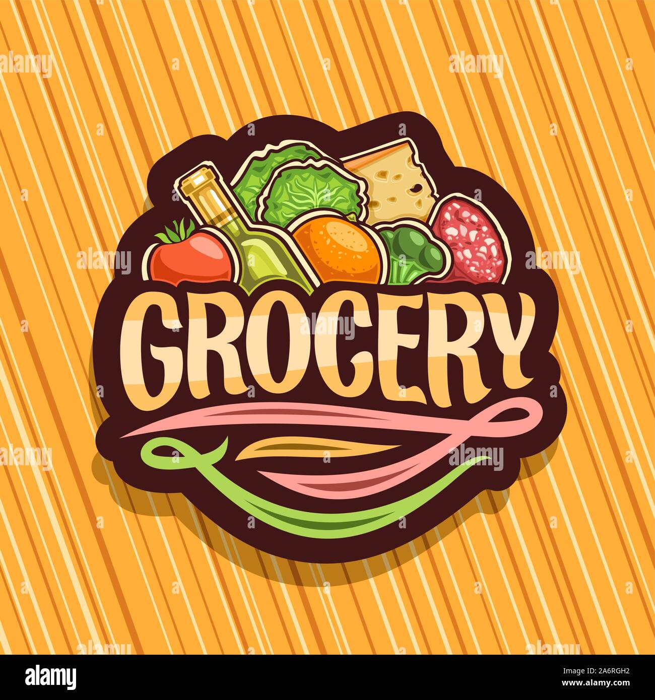 Vector Logo For Grocery Store Dark Decorative Signboard With Heap Of Fresh Variety Farming Fruits And Vegetables Original Brush Typeface For Word Gr Stock Vector Image Art Alamy