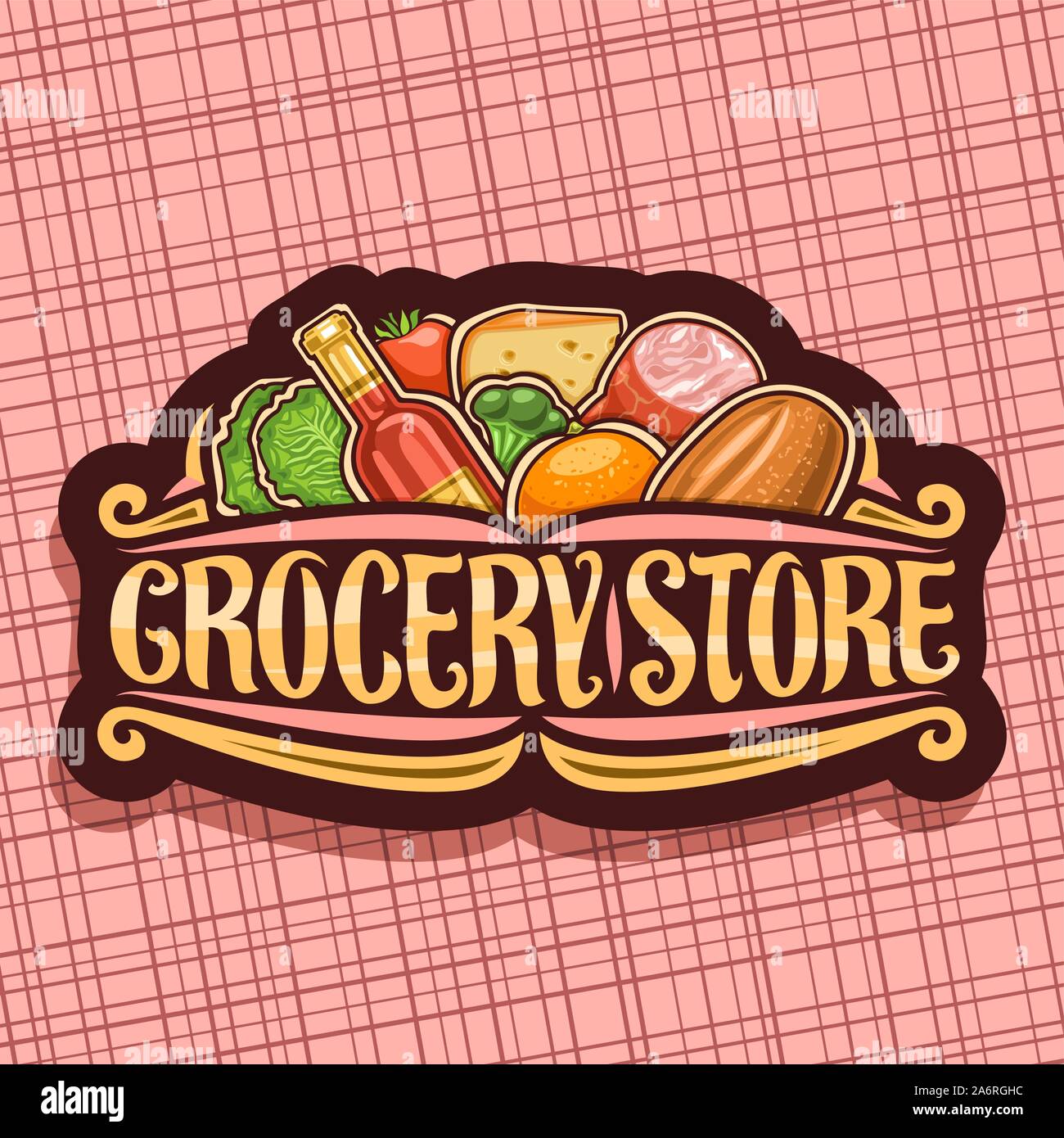 Vector logo for Grocery Store, dark retro signage with pile of fresh