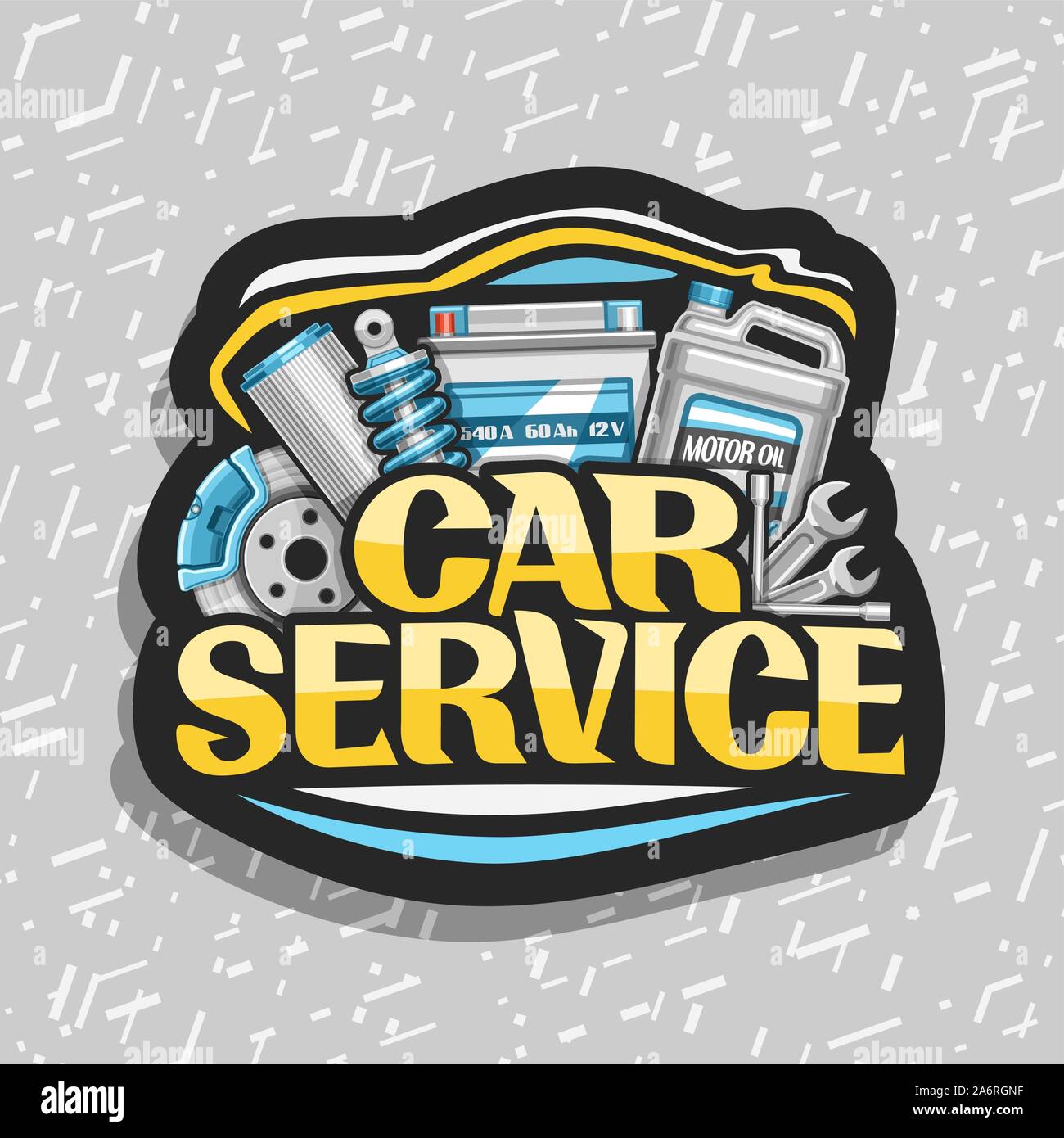 Vector logo for Car Service, black decorative sticker with set of different auto parts for variety mechanic car system, lettering for words car servic Stock Vector